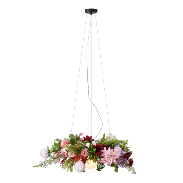 Pendelleuchte mit bunten Kunstblumen und Blättern, schwarze Deckenbefestigung, modernes dekoratives Design.