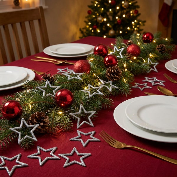 Festlich gedeckter Esstisch mit Tannengrün, glänzenden Weihnachtskugeln, Sternendekoration, Tannenzapfen und einer Lichterkette als Tischschmuck.