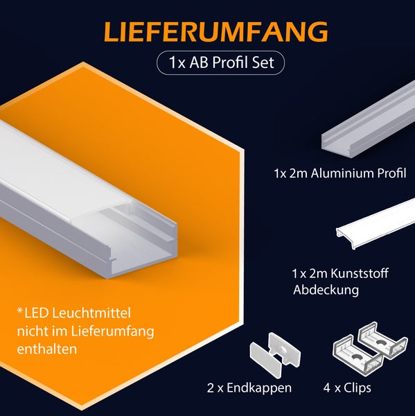 Lieferumfang eines LED Aluminiumprofil Sets mit zwei Meter Profil und Abdeckung sowie Endkappen und Clips ohne Leuchtmittel.