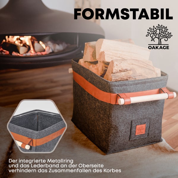 OAKAGE® Classic Dunkelgrau Holzkorb Filz - Metallrahmen für Zusatzstabilität - 42x32x35cm