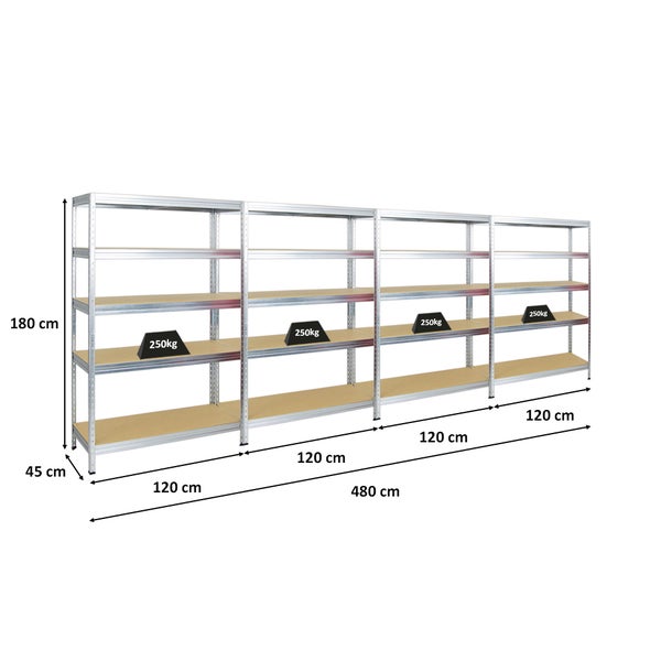 PROREGAL Mega Deal 4x Schwerlastregal Rivet HxBxT 180 x 120 x 45 cm Fachlast 250 kg Verzinkt