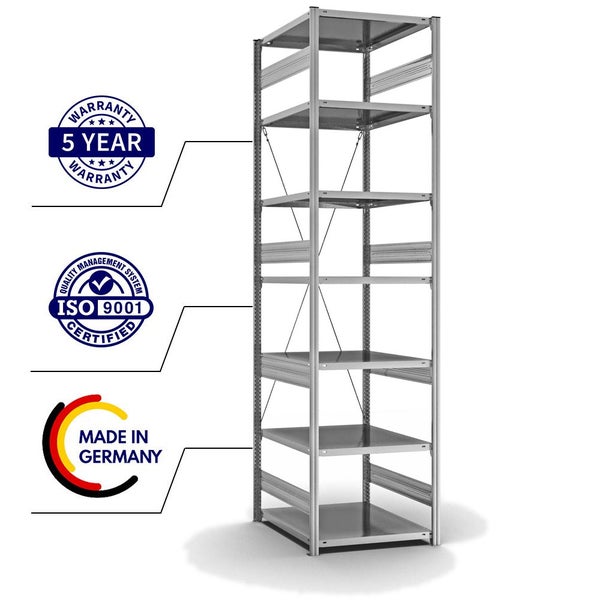 PROREGAL Fachbodenregal Stecksystem T-Profil Heavy-Duty Grundregal HxBxT 300 x 75 x 80 cm 7 Ebenen Fachlast 300 kg Einseitig Nutzbar Verzinkt