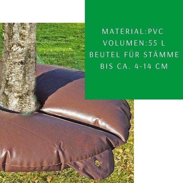 Brauner Bewässerungsbeutel für Baumstämme aus Polyvinylchlorid, Volumen 55 Liter, für Stammdurchmesser von circa 4 bis 14 Zentimeter.