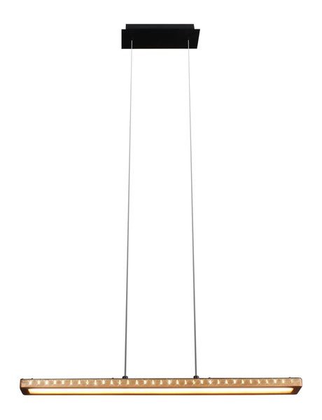 Moderne LED-Pendelleuchte mit einem länglichen Balken aus Holz, schwarzer Deckenbefestigung und zwei dünnen Drahtseilen.