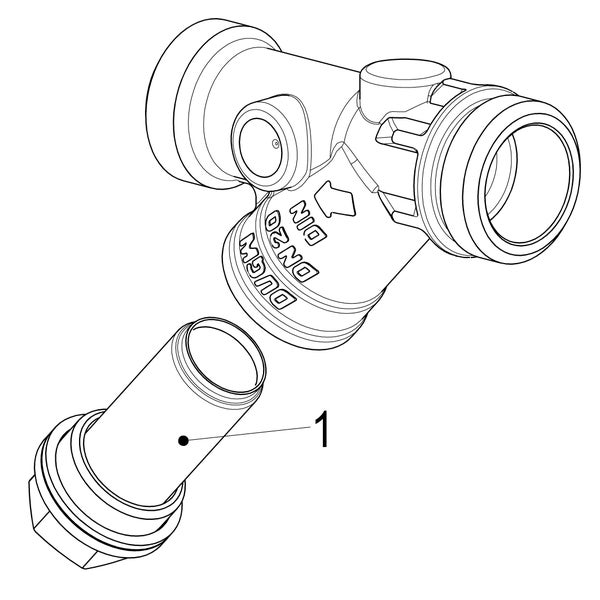 Technische Zeichnung eines Ventils mit DVGW Kennzeichnung, DN20, DIN Norm und Filtereinsatz markiert mit der Nummer eins.
