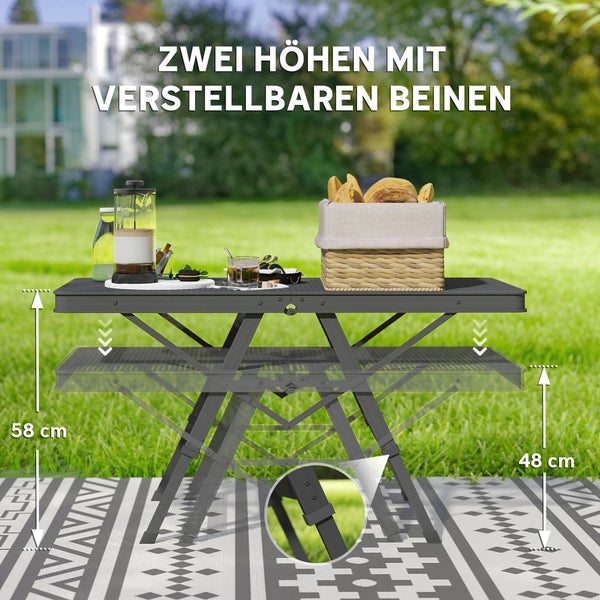 Outsunny Campingtisch höhenverstellbar Klapptisch mit Metallgitter Klappbar Gartentisch aus Aluminium leicht Multifunktionstisch Beistelltisch für Garten Balkon Camping 90 x 40,5cm Schwarz