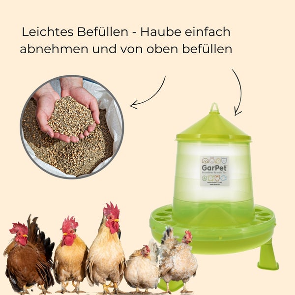 Hühnerfutterautomat mit Futtersack und Hühnern