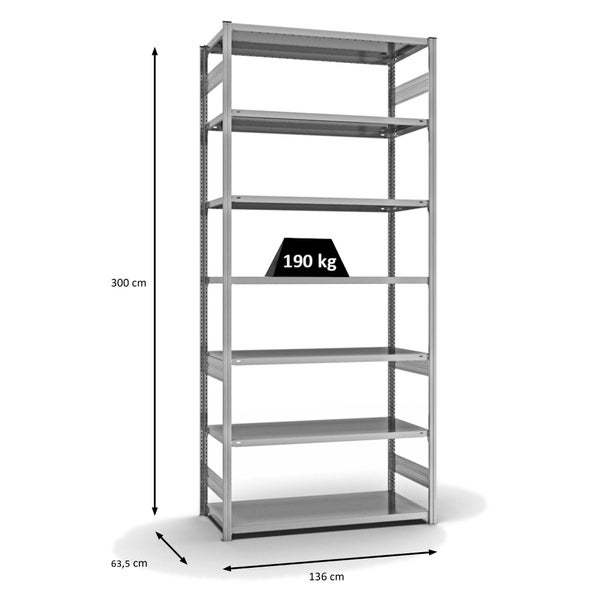 PROREGAL Fachbodenregal Stecksystem T-Profil Light-Duty Grundregal HxBxT 300 x 130 x 60 cm 7 Ebenen Fachlast 190 kg Beidseitig Nutzbar Verzinkt