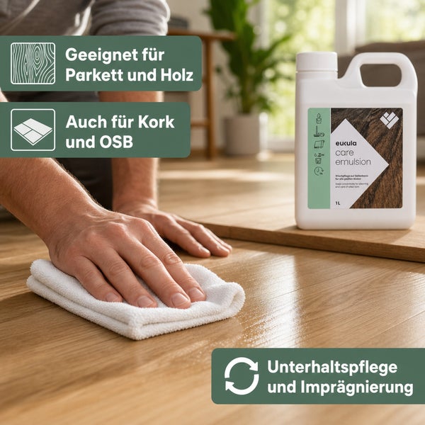 Person reinigt einen Holzboden mit Eukula Pflegeemulsion, geeignet für Parkett, Holz, Kork und OSB zur Unterhaltspflege und Imprägnierung.