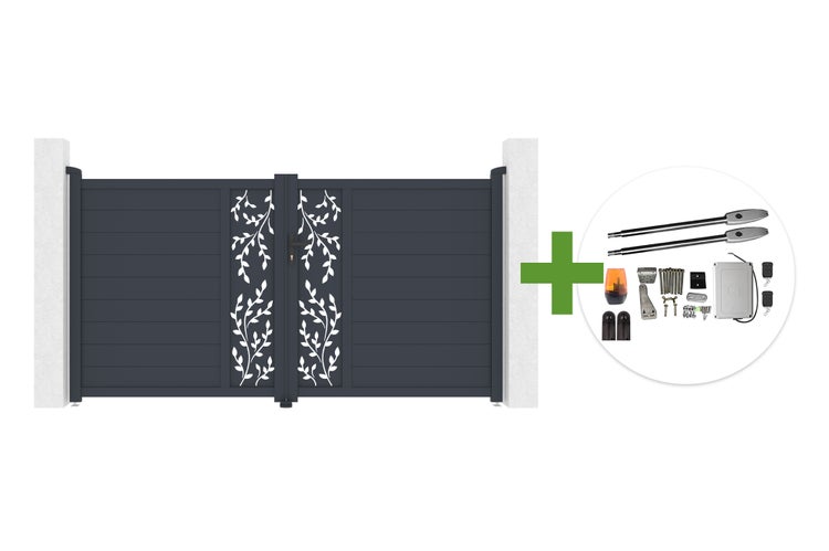 Anthrazitfarbenes zweiflügeliges Einfahrtstor aus Aluminium mit Blattdekor inklusive elektrischem Torantrieb-Set.