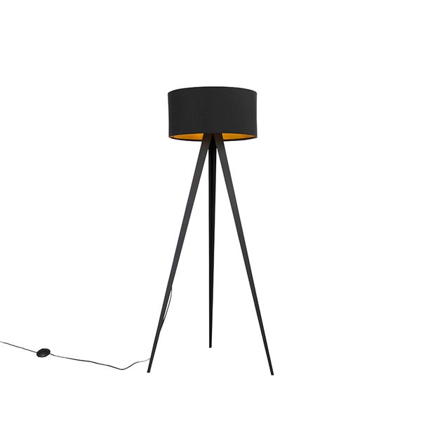 QAZQA - Modern Stehlampe schwarz mit schwarzem Schirm und Gold I Messingener Innenseite - Ilse I Wohnzimmer I Schlafzimmer - Stahl Rund - LED geeignet E27