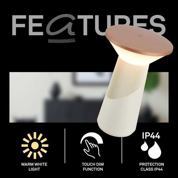 Moderne Tischleuchte mit warmweißem Licht, Touch Dimmfunktion und Schutzart IP44.