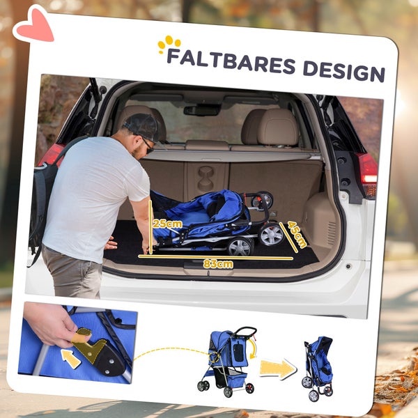PawHut Hundewagen, klappbar Hundebuggy für kleine Hunde und Katzen bis 10kg, Katzenbuggy mit Netzfenstern Getränkehalter, Haustierwagen Oxford, Blau