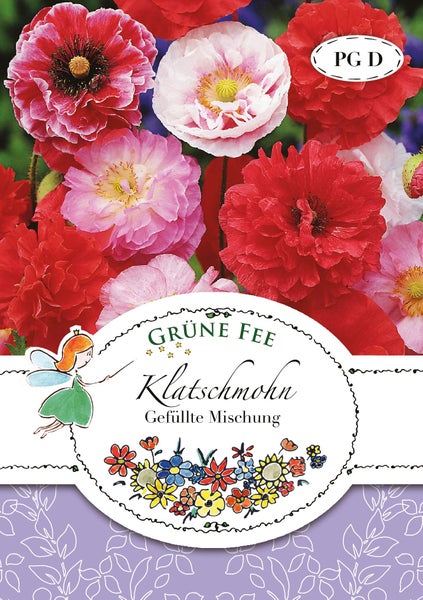 Samentüte Grüne Fee Klatschmohn Gefüllte Mischung mit verschiedenen roten und rosa gefüllten Mohnblüten.