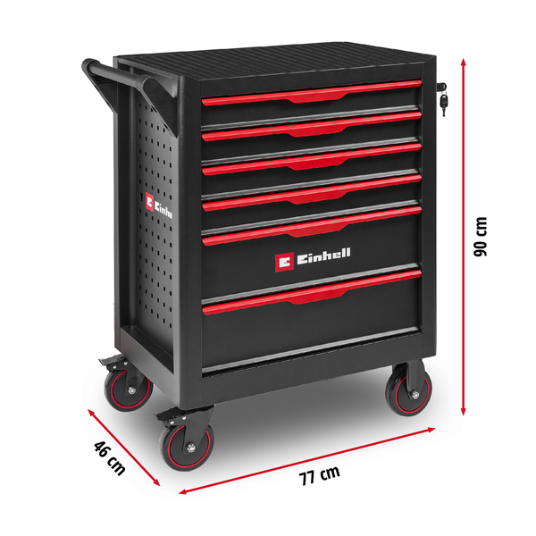 Original Einhell Werkstattwagen leer (6 Schubladen, Interlock-System, kugelgelagerte Führungsschienen, belastbar bis 135 kg, mobil mit Feststellrollen)