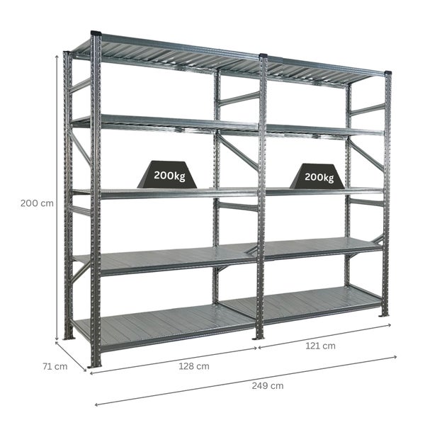 Metallregal mit den Maßen 249 cm Breite, 200 cm Höhe und 71 cm Tiefe, Traglast 200 kg pro Ebene