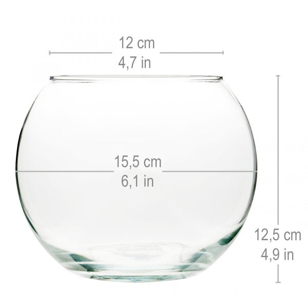 Rundes Glasgefäß mit Maßen: Öffnung 12 Zentimeter, maximale Breite 15,5 Zentimeter, Höhe 12,5 Zentimeter.