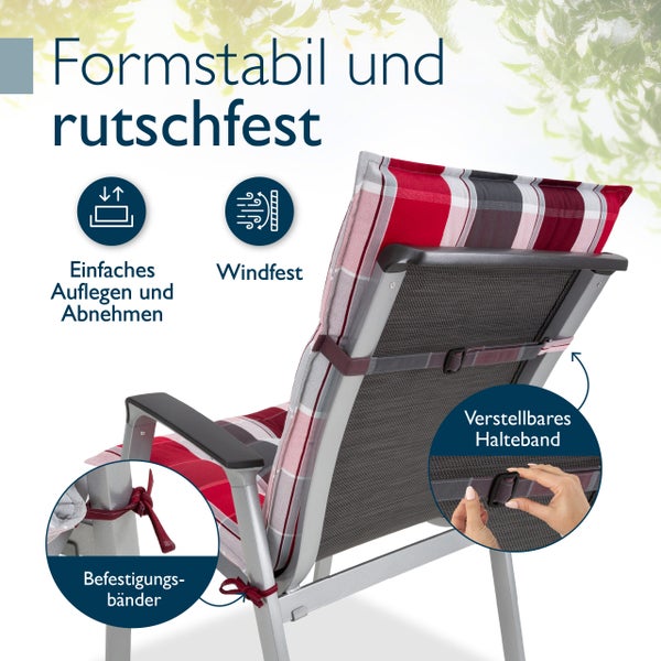 Gartenstuhlauflage mit verstellbarem Halteband und Befestigungsbändern, formstabil, rutschfest und windfest.