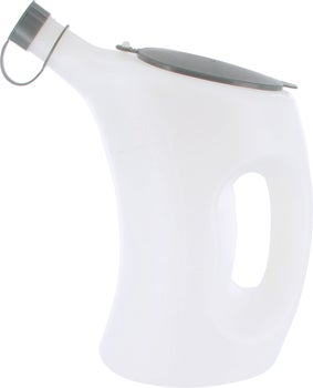 Messkanne aus Kunststoff mit ergonomischem Griff, grauem Deckel und Verschlusskappe fuer die Ausgusstuelle.