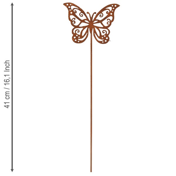 Gartenstecker Schmetterling aus Metall in Edelrost-Optik, Gesamthöhe 41 Zentimeter.