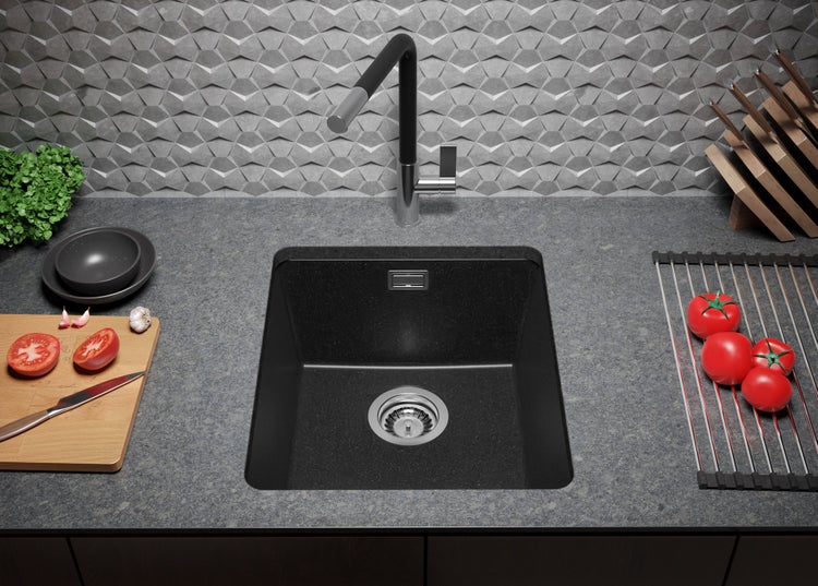 PRIMAGRAN Unterbauspüle Granit Anthrazit 41x47cm, Spülbecken 1 Becken + Ablauf-Set, Granitspüle ab 45er Unterschrank - London
