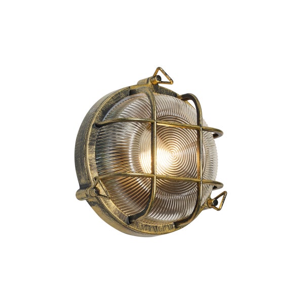 Runde Außenwand- und Deckenleuchte im nautischen Stil mit Schutzgitter aus Metall und geripptem Glas.