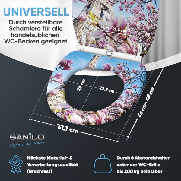 WC Sitz mit Eiffelturm und Magnolien Motiv inklusive Maßangaben und technischen Details sowie Sanilo Logo auf dunklem Hintergrund.
