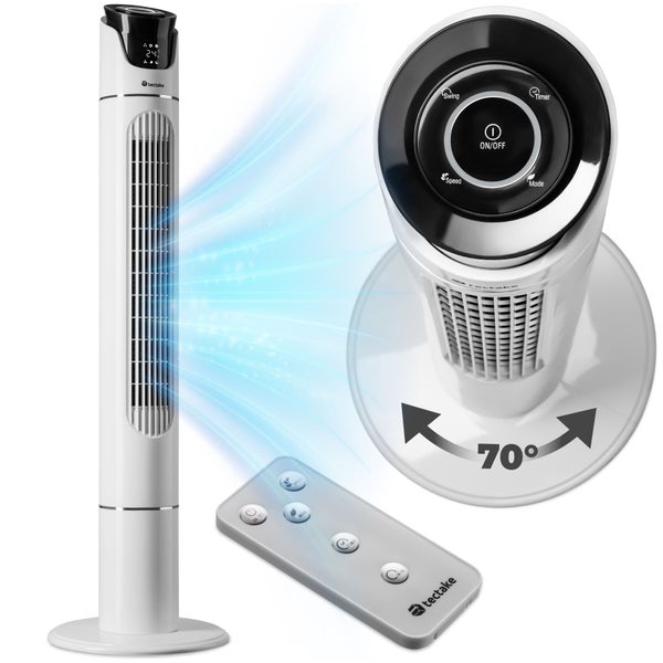 Turmventilator mit Fernbedienung, 70 Grad Oszillation, digitalem Display, Timer und mehreren Geschwindigkeitsstufen. tectake Logo.