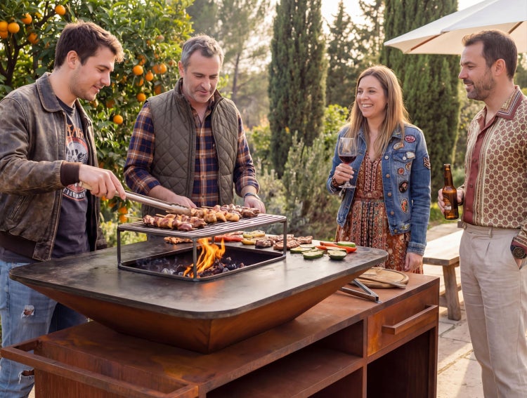 Vier Personen im Garten an einer modernen rostfarbenen Feuerschale mit Grillring beim Grillen von Fleischspießen und Gemüse über offenem Feuer.