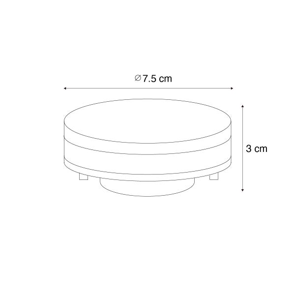 Maßzeichnung eines runden Produkts mit einem Durchmesser von 7,5 Zentimeter und einer Höhe von 3 Zentimeter