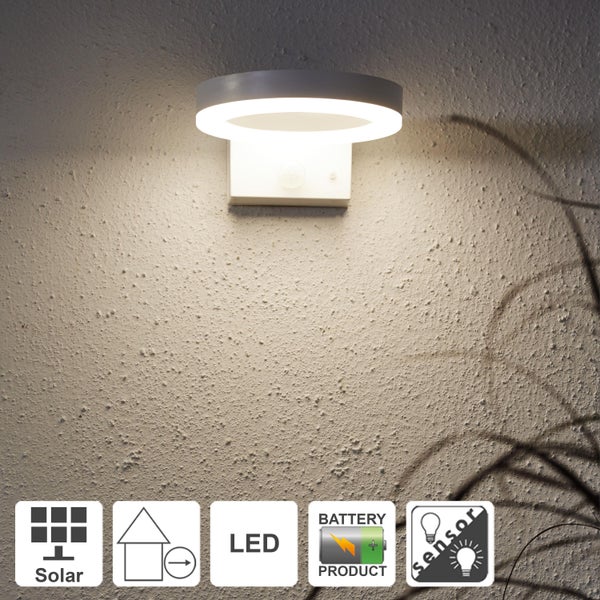Weiße Solar-Hauswandleuchte ,Vidi', Bewegungsmelder, Dämmerungssensor, Dauerlicht, D 19cm