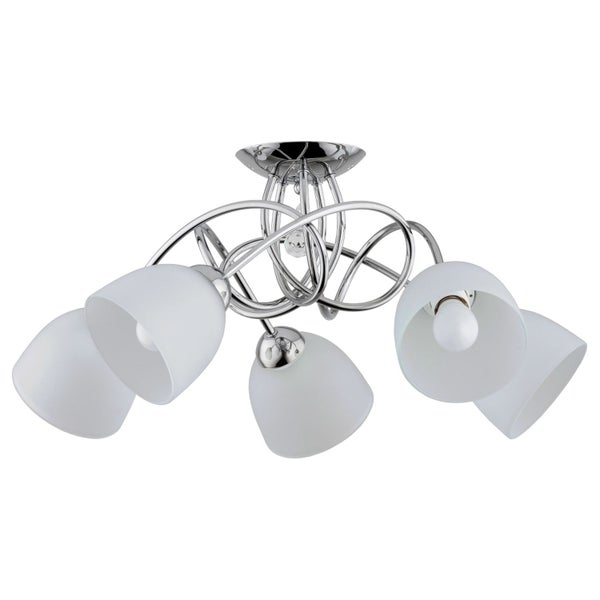 Moderne Deckenleuchte mit fünf Lichtquellen, geschwungene Metallarme und mattierte Glasschirme für das Wohnzimmer.