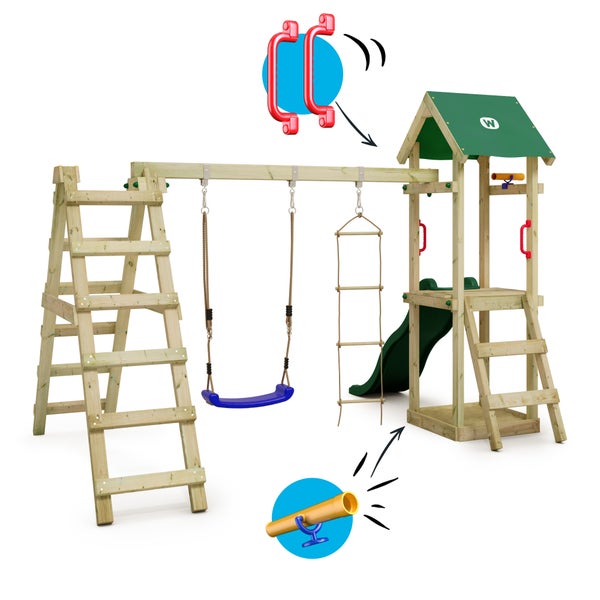 Spielturm mit Rutsche, Schaukel, Leiter und Kletterseil
