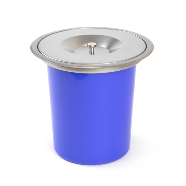Blauer Einbau-Abfallsammler aus Kunststoff mit Edelstahldeckel und rundem Griff.