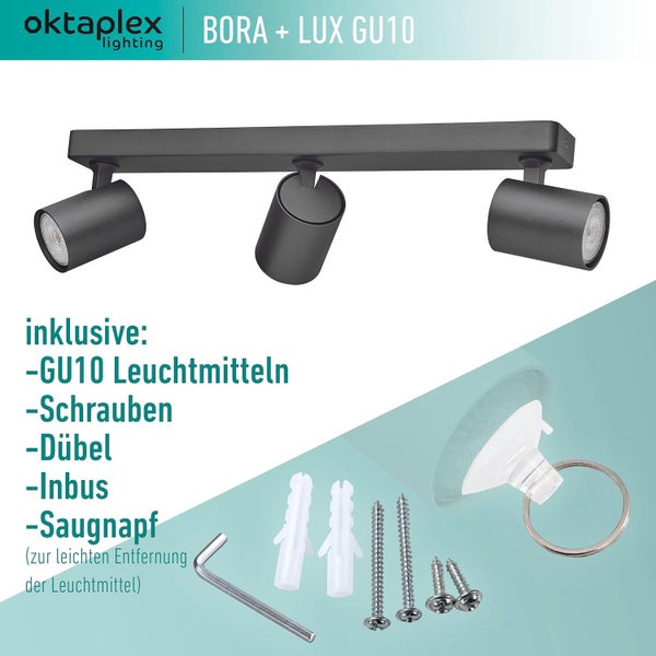 Bora Deckenstrahler 3-flammig GU10 LED 400lm 3000K warmweiß schwenkbar Spotbalken für Decken- und Wandmontage schwarz