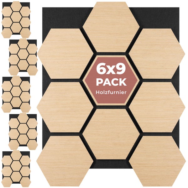 Sechs mal neun Packung mit sechseckigen Wandpaneelen aus Holzfurnier.