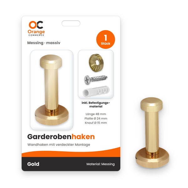 Massiver Garderobenhaken aus Messing mit verdeckter Montage, Länge 48 Millimeter, inklusive Befestigungsmaterial, Orange Commerce Logo.