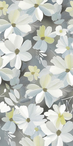 Vliestapete mit großem floralem Muster aus weißen, blauen und gelben Blüten.