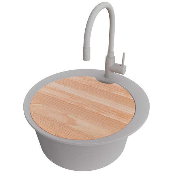 Rundes Waschbecken mit Wasserhahn und Holzabdeckung