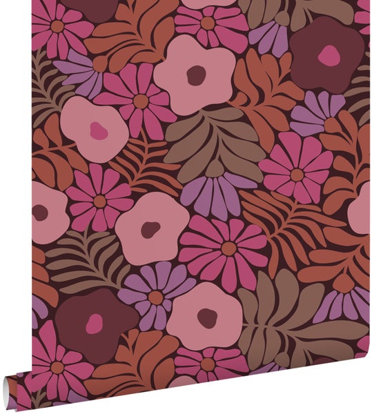 ESTAhome Tapete Blumen im Matisse-Stil Rosa, Lila und Terrakotta - 50 x 900 cm - 131136