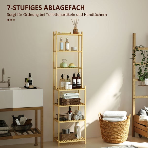 HOMCOM Badregal, Badezimmerregal mit 7 Ebenen, Standregal Aufbewahrungsregal aus Bambus für Wohnzimmer, Badezimmer, Natur, 44 x 33 x 180 cm