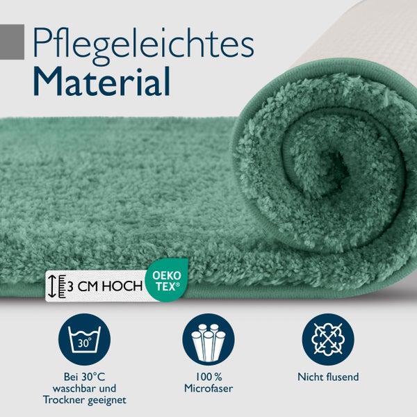 Badezimmerteppich aus Microfaser, 3 cm hoch, waschbar bei 30 Grad und trocknergeeignet, Öko Tex Siegel, flust nicht