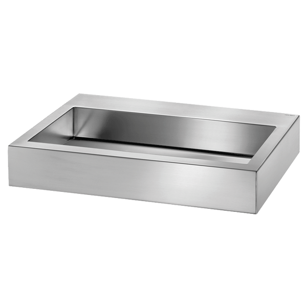 Rechteckiges Aufsatzwaschbecken aus mattem Edelstahl mit flachen Rändern und modernem Design.