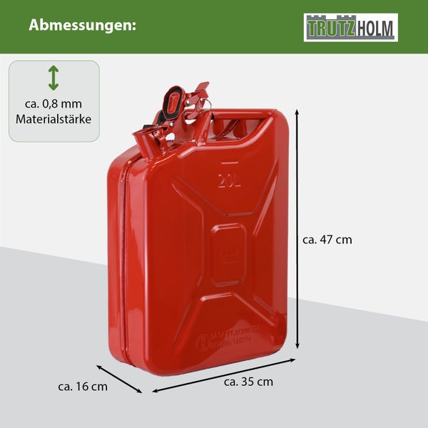 Roter Metall-Benzinkanister 20 Liter mit Trutzholm Logo. Maße: circa 47 cm Höhe, 35 cm Breite, 16 cm Tiefe, 0,8 mm Materialstärke.