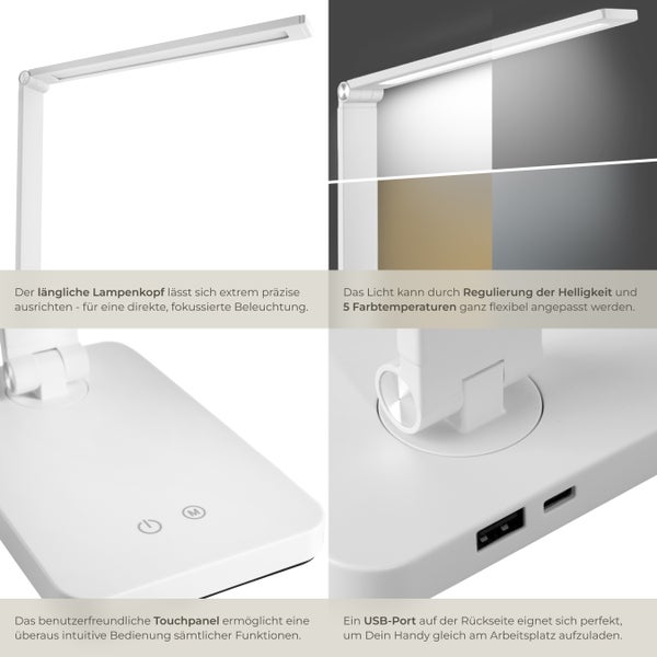 tectake Novaly Schreibtischlampe Novaly, LED, dimmbar, klappbar, 5W inklusive USB-Anschluss weiß