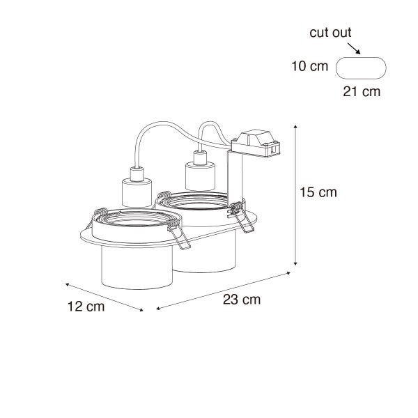 Maßzeichnung zweiflammiger Einbaustrahler: 23 mal 12 mal 15 Zentimeter. Lochausschnitt 21 mal 10 Zentimeter.