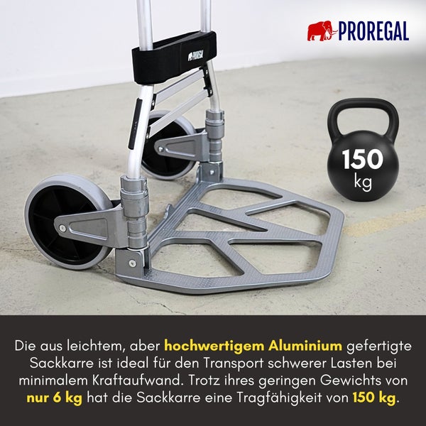 PROREGAL Klappbare Profi-Sackkarre ELEPHANT HxBxT 115x50x53cm Traglast 150kg Aluminiumrahmen, ergonomische Griffe, TRR Fachgummiräder Silber