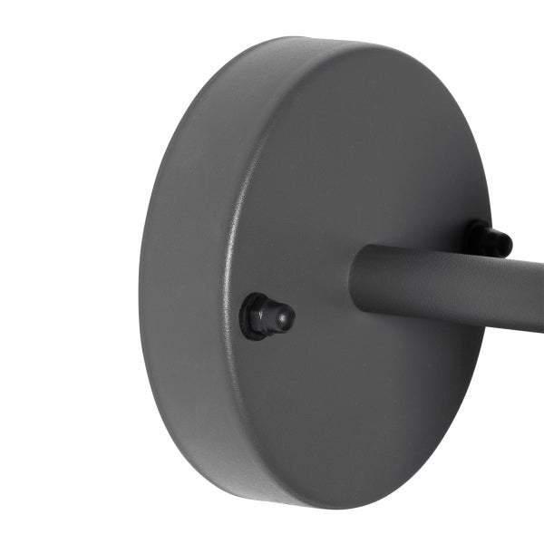 Runde Wandhalterung für eine Leuchte aus Metall in Anthrazit mit zwei Befestigungsschrauben und Lampenarm.