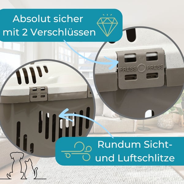 Sichere Transportbox für Haustiere mit zwei Verschlüssen und Belüftungsschlitzen