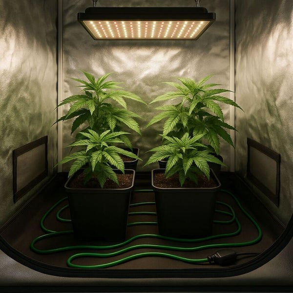 Komplettes Growbox-Set mit vier Pflanzen in Töpfen, einer LED-Pflanzenlampe und einem Heizkabel auf dem Boden im Inneren eines Zuchtzeltes.